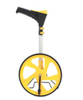 Badafaci Digital Measuring Wheel, 99,999.9Ft Range, Backlit Display standing upright, featuring a yellow wheel and black handle.