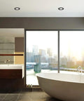 Modern bathroom with 3 Inch Ultra Slim LED Recessed Lighting Kit 4 Pack Dimmable Wet Rated 6 Watt Oil Rubbed Bronze installed