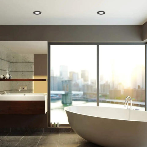 Modern bathroom with 3 Inch Ultra Slim LED Recessed Lighting Kit 4 Pack Dimmable Wet Rated 6 Watt Oil Rubbed Bronze installed