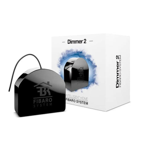Z-Wave Plus Dimmer 2 Smart Light Controller FGD-212 with packaging, black rheostat with wire, auto calibration feature shown