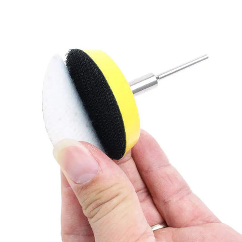2 Inch Hook And Loop Sanding Pad With One Eighth Mandrel Adapter For Drills And Rotary Tools, yellow and black surface for easy disc attachment.