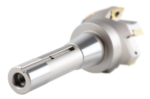 Beefy Indexable End Mill With 2-1/2 Inch Cutting Diameter And 6-1/8 Inch Overall Length, 90 Degree R8 Shank, Includes 6 APKT1604 Carbide Inserts, No Coolant Through, APKT1604 Insert Style For Versatile Metal Milling