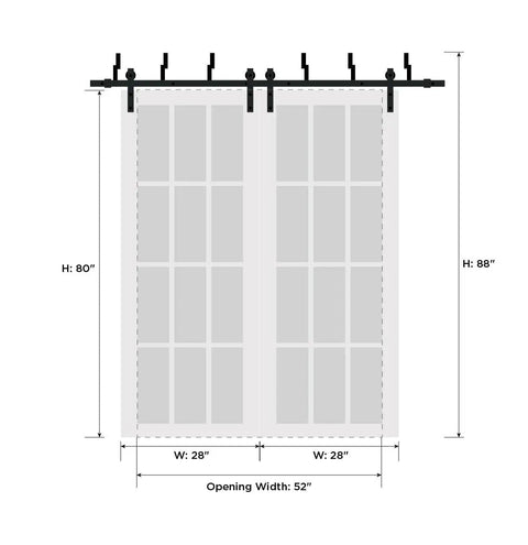 Diagram of Frosted Glass Barn Sliding Doors With Full Hardware Set For Closet Or Bedroom, 2 Door Slabs, 6.6 Foot Rails