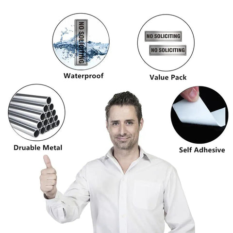 Two Pack Metal No Soliciting Signs For Home And Office Doors Self Adhesive Weather Resistant Aluminum 7 By 2 Inches Durable Silver Finish