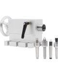Tough As Nails Movable Base Tailstock Loaded With Four Quick Change Tips for Rotary A Axis CNC Engravers, silver aluminum construction.