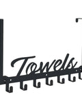 Black over the door seven-hook rack with 'Towels' text, manganese steel, no drill, for bathroom and home organization.