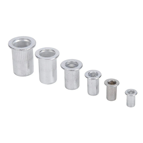 Assorted sizes of the Aluminum Rivet Nuts Set With Flat Head And Anti Rust Finish, Threaded Rivnut Inserts Kit displayed in a row