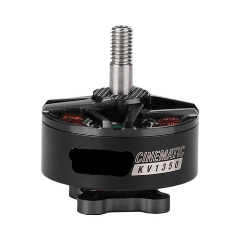 Close-up of black brushless outrunner motor with visible label, showing metal shaft and durable bearings for drones and multirotors.