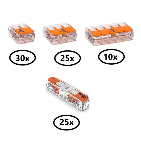 DIY Ready Wire Connectors Set In Sturdy Case With 221 Series Inline Splice 12 AWG Kit Includes 221-2401, 221-412, 221-413, 221-415 Compact Splicing Wire Nuts For Home Wiring Projects 90-Piece showing quantities
