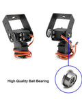 Two Elechawk pan-tilt servo mounts for MG996R/S3003; black metal frames with servo wires and a ball bearing.