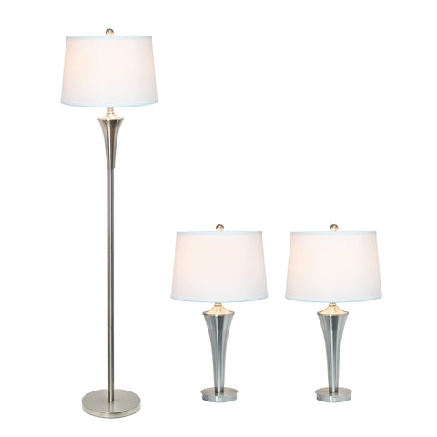 Tapered 3 Lamp Set With White Fabric Shades In Brushed Nickel, Includes 2 Table Lamps And 1 Floor Lamp, Great For Living Room, Bedroom, Foyer Or Home Office Lighting