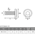 M8 Flat Head Hex Socket Cap Screws 30 Pack Full Thread 304 Stainless Steel dimensions chart with sizes and measurements