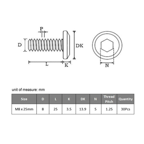 M8 Flat Head Hex Socket Cap Screws 30 Pack Full Thread 304 Stainless Steel dimensions chart with sizes and measurements
