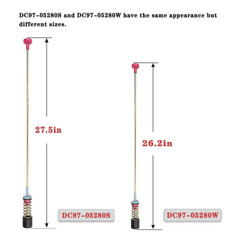 Comparison of DC97-05280S 27.5in and DC97-05280W 26.2in washer rods with dimensions labeled for size differences.