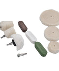 Hardcore 10 Piece Cotton Flannel Buffing Wheel Kit Includes Heavy Duty Wax Rod To Score That Slick Mirror Shine On Marble Glass And Stainless Steel Without The Hassle, featuring cotton pads and wax sticks.