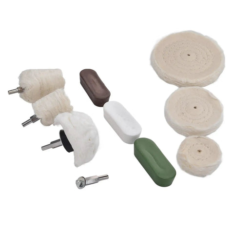 Hardcore 10 Piece Cotton Flannel Buffing Wheel Kit Includes Heavy Duty Wax Rod To Score That Slick Mirror Shine On Marble Glass And Stainless Steel Without The Hassle, featuring cotton pads and wax sticks.