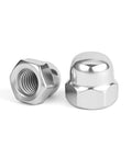 Two 1/4-20 Stainless Acorn Nuts 30 Pack, 304 Stainless Steel 18-8 Bright Finish, viewed from side and top angles.