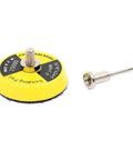 2 Inch Hook And Loop Sanding Pad With One Eighth Mandrel Adapter For Drills And Rotary Tools, featuring a yellow backing and chrome shaft