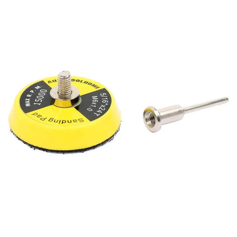 2 Inch Hook And Loop Sanding Pad With One Eighth Mandrel Adapter For Drills And Rotary Tools, featuring a yellow backing and chrome shaft