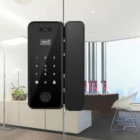 Slick Smart Fingerprint Door Lock And Password Code For Frameless Sliding Doors, black, biometric scanner for secure access.