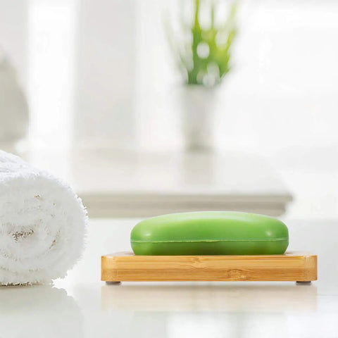Bamboo Shower Bench With Shelf And Free Soap Dish For Spa Like Bathrooms featuring a bamboo soap dish with green soap