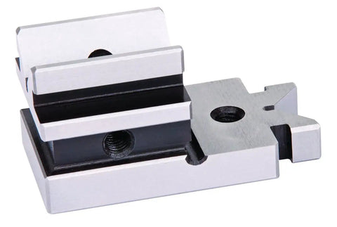 Hardened Steel Multi Use Vee Block And Clamp Set With Precision Ground Finish For Pro Machinists Central Ground V Groove Pin Removal Hole And Four Three Eighths Inch 16 Tapped Holes, side view