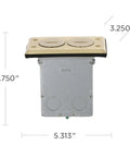 Rectangular Metallic Floor Box Kit With Brass Finish Cover Plate And Tamper Resistant 15A 125V Outlet showing dimensions