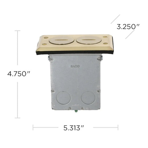 Rectangular Metallic Floor Box Kit With Brass Finish Cover Plate And Tamper Resistant 15A 125V Outlet showing dimensions