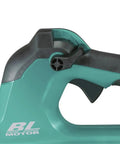 Close-up of the handle on the Renewed Brushless Cordless Leaf Blower, featuring control mechanisms for variable speed.