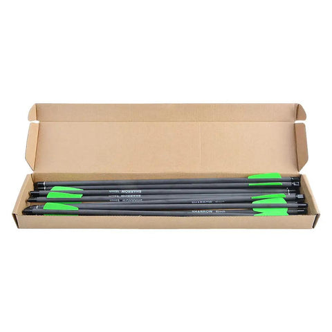 Box of 12 green-nock 15 Inch Carbon Crossbow Bolts With 100 Grain Removable Tips And Moon Nocks in open package