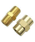12 Piece Brass Pipe Fittings Set 3/8 In NPT Male And Female Hex Nipples Couplers, pro grade brass plumbing, close-up view.