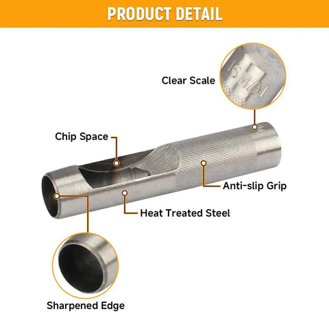 Detailed view of a steel punch from the 12 Piece Hollow Hole Punch Set for Leathercraft, showing anti-slip grip, sharpened edge, and clear scale.