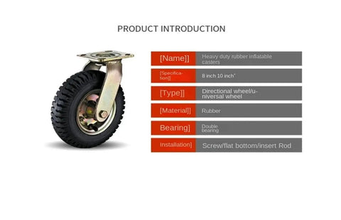 Eight Inch Pneumatic Caster Wheel Equipped With Silent Rubber Tires For Flatbed Trolley Replacement Heavy Duty Swivel Casters with a rubber tire and metal swivel mount.