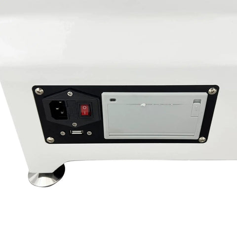 Back panel of the Knockout Precision Digital Rockwell Hardness Tester With Top Shelf Touch Screen LCD showing power switch and USB port.