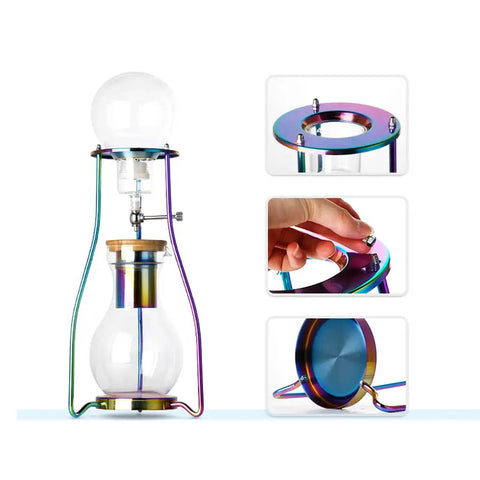 Craft Hella Smooth Cold Brew Coffee And Iced Tea With This No Sweat Dripper featuring colorful steel frame and glass carafe.