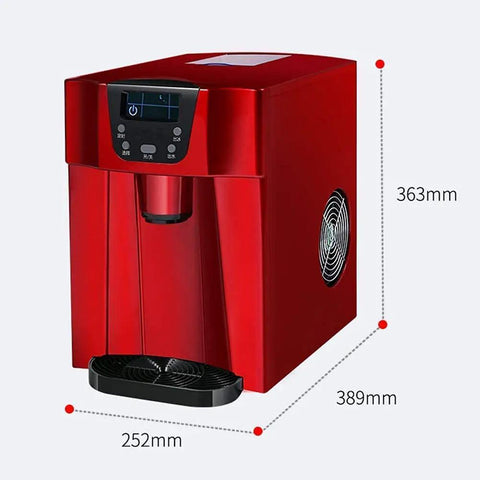 Hella Quick Countertop Ice Maker Machine With Dope Stainless Steel Build And 220V Power, red design, 363mm height, 389mm width.