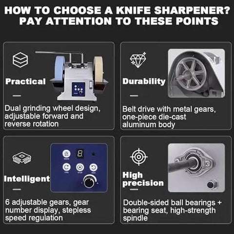 Professional Electric Knife Sharpener And Bench Grinder With Adjustable 90 To 300 Rpm And Water Cooling Tank For Wet Grinding Die Cast Aluminum Build For Rock Solid Performance To Restore Dull Blades To Wicked Sharp Edge Fast For Precision Sharpening features practical design, durability, intelligent settings, and high precision components.
