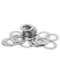 Five Hundred Count 304 Stainless Steel Ultra Thin Shim Washers Half Millimeter Precision Gasket Hardware stacked and spread out.