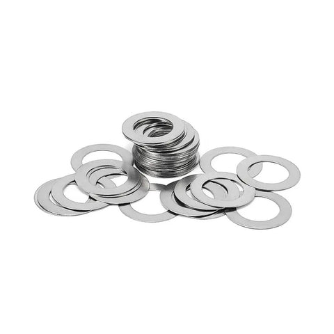 Five Hundred Count 304 Stainless Steel Ultra Thin Shim Washers Half Millimeter Precision Gasket Hardware stacked and spread out.