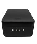 Front view of black sturdy steel safe box with 3-digit combination lock and security cable, 20x15x6 cm, durable metal construction.