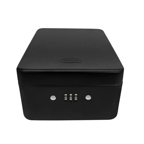 Front view of black sturdy steel safe box with 3-digit combination lock and security cable, 20x15x6 cm, durable metal construction.