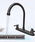 Road Trip Ready Eight Inch Metal RV Kitchen Sink Faucet Featuring Two Handle Design For Smooth Water Flow Control And No Hassle Swap Into Your Favorite Camper Setup Today, showcasing a matte black double basin faucet.