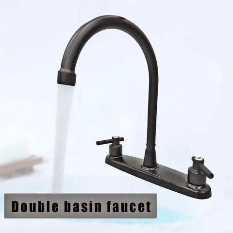 Road Trip Ready Eight Inch Metal RV Kitchen Sink Faucet Featuring Two Handle Design For Smooth Water Flow Control And No Hassle Swap Into Your Favorite Camper Setup Today, showcasing a matte black double basin faucet.