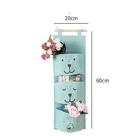 Three Pocket Wall Mounted Closet Organizer Hanging Storage For Clothes Tissue Socks Small Essentials Super Tough Cotton Linen Fabric with cute animal design.