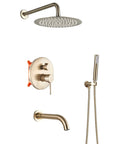 UMJIGF Shower System Brushed Gold Bathroom Shower Faucet Set with Tub Spout, Wall Mounted Shower Combo Set Brass Mixer Shower with Round Shower Head, Handheld Shower,8 Inch,8 Inch, featuring overhead and handheld shower components.