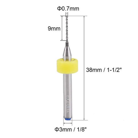 0.7mm Tungsten Carbide PCB Drill Bits Set For Jewelry Making And PCB Engraving One Eighth Inch Shank Micro CNC Bits Pro Grade Long Lasting Rotary Tool Drill Bits Ten Pieces shown with measurements