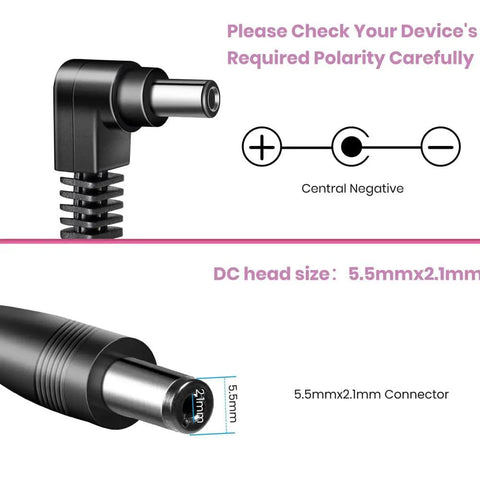 Pro Grade Guitar Pedal Power Supply Adapter 9V DC 1A 1000mA With Negative Tip Output connector detail with sizes shown.