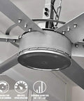 Kick Heat To The Curb With This Heavy Duty Industrial Ceiling Fan Featuring Eight Tough Blades And Massive Sweep For Warehouses Factories And Gyms 110V Shop Floor Chill close-up view of gray fan motor and anodized blades.