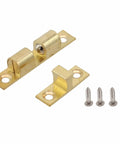 Premium 70mm Brass Ball Roller Catch For Cabinet Doors And Machines with steel rollers and screws in gold finish.