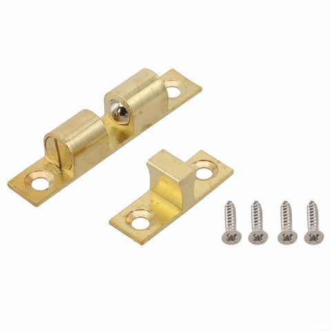 Premium 70mm Brass Ball Roller Catch For Cabinet Doors And Machines with steel rollers and screws in gold finish.